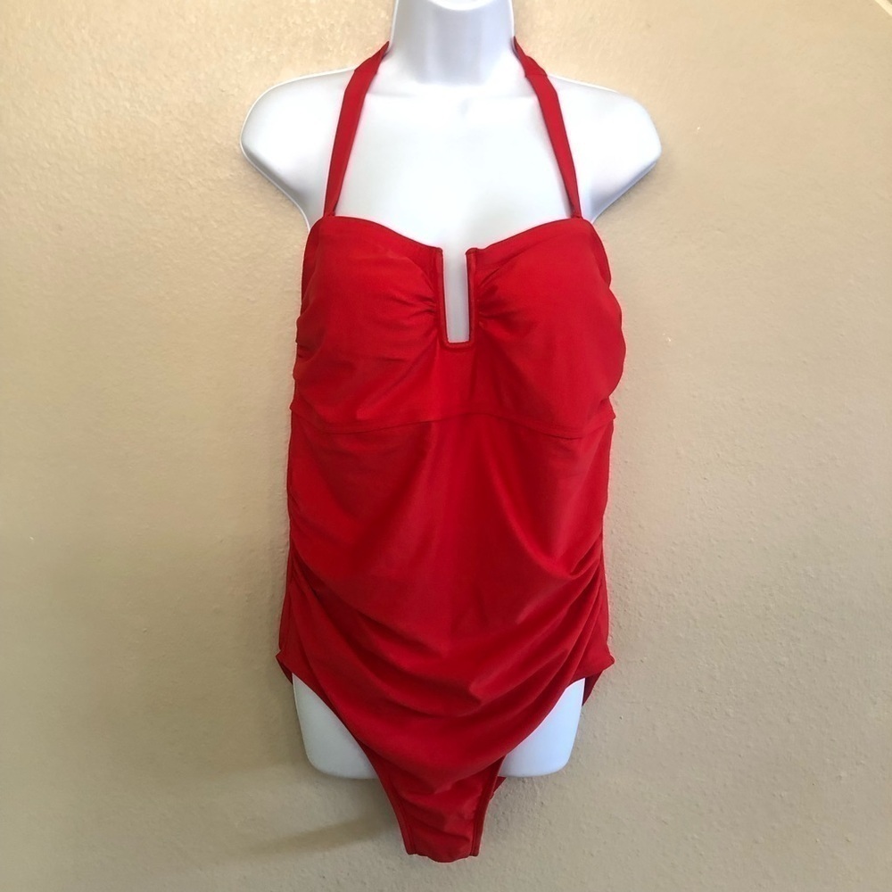 Kona Sol Women's Red U-Wire Halter Full Coverage One Piece Swimsuit Size 17